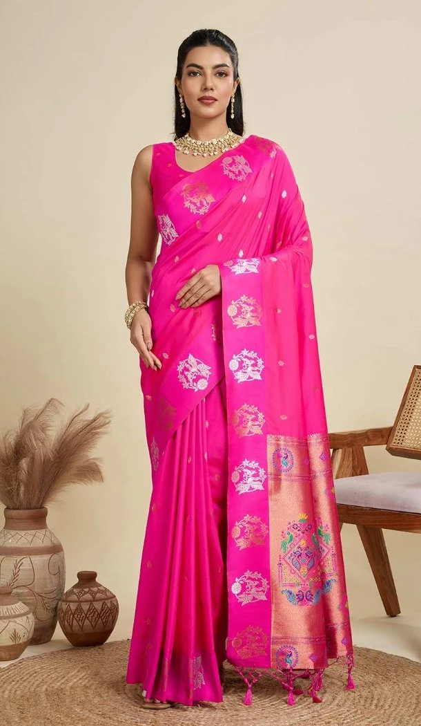 Women Pure Soft Silk Gold Zari Weaving Work Pink Party Wear Saree - 12995210466