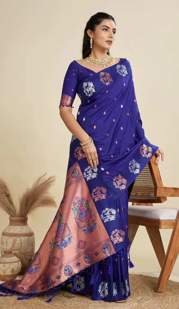 Women Pure Soft Silk Blue Party Wear Saree Gold Zari Weaving Work - 12995210469