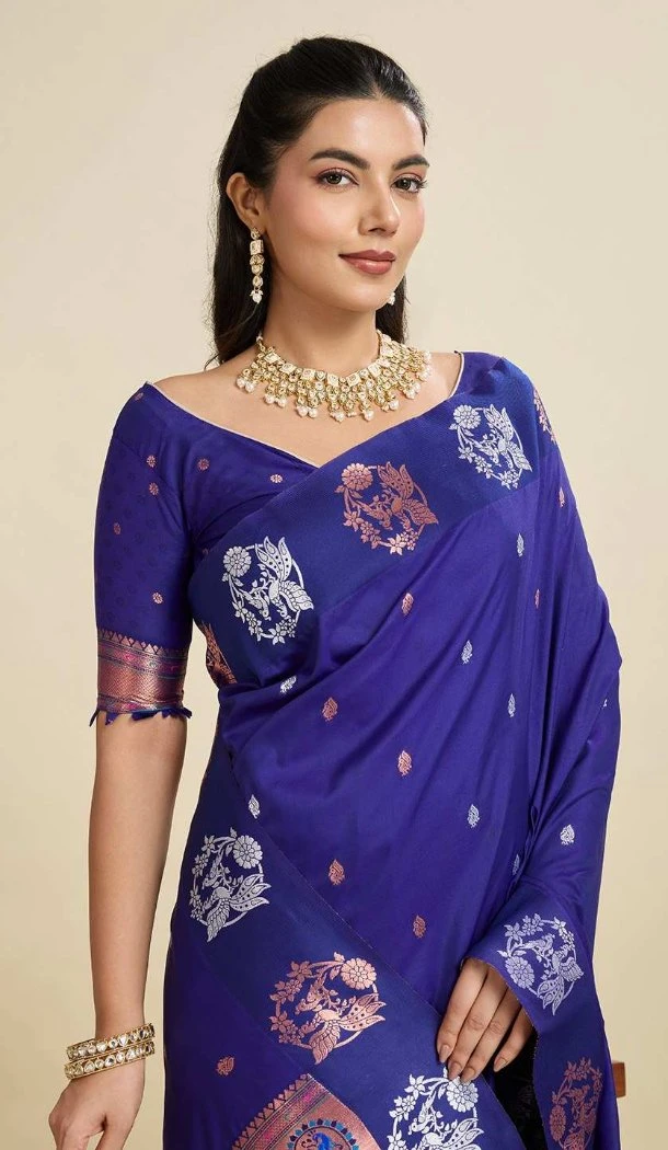 Women Pure Soft Silk Blue Party Wear Saree Gold Zari Weaving Work - 12995210469