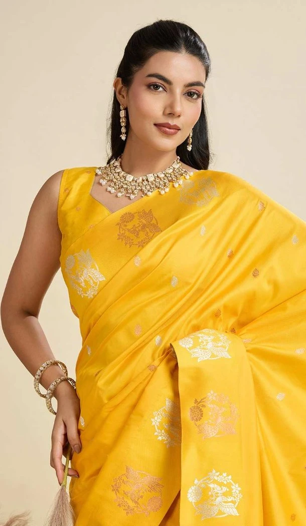 Women Pure Soft Silk Gold Zari Weaving Work Yellow Party Wear Saree - 12995210470