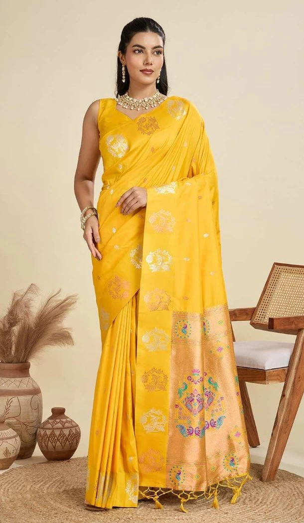 Women Pure Soft Silk Gold Zari Weaving Work Yellow Party Wear Saree - 12995210470