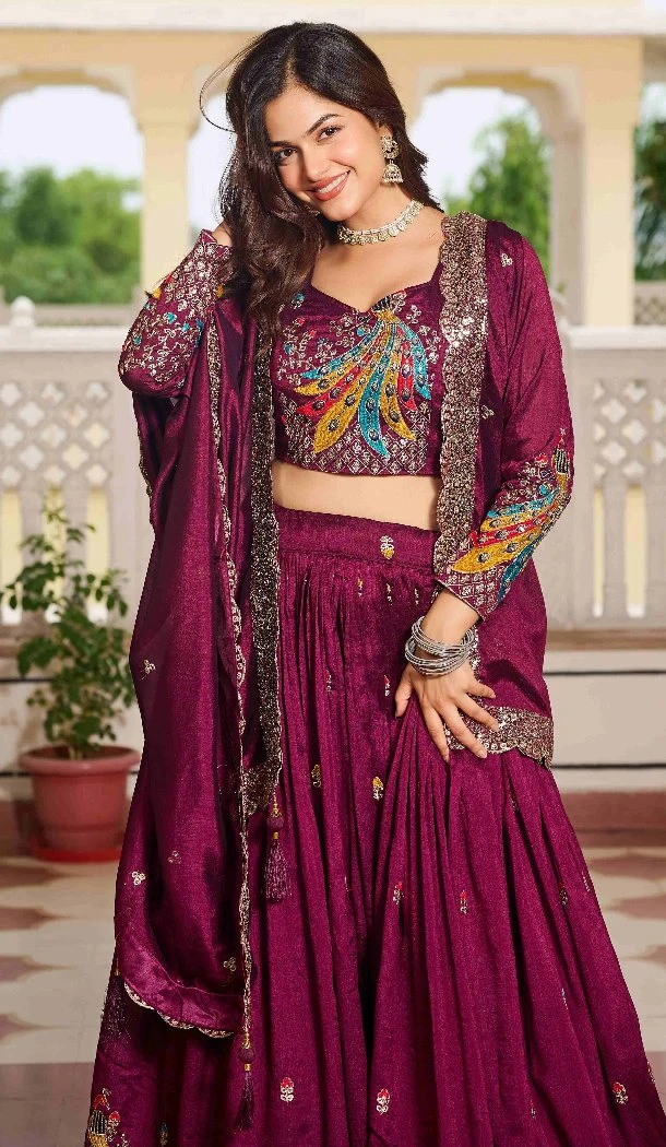 Women Party Lehenga Choli Heavy Embroidery Sequence Work Burgundy Pure Vichitra - 13001210485