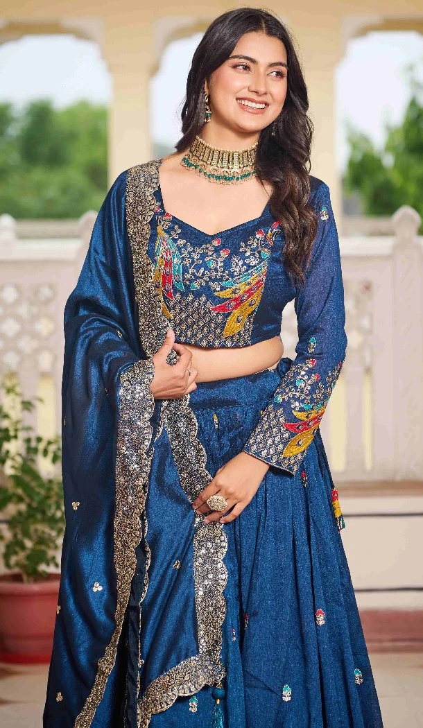 Women Pure Vichitra Teal Blue Party Lehenga Choli Heavy Embroidery Sequence Work - 13001210488