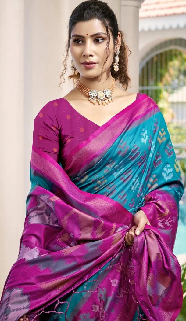 Women Jacquard Sky Blue Traditional Wear Saree Pochampalli Silk - 13015210550