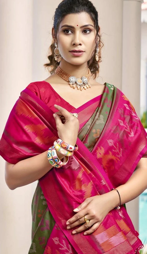 Women Olive Green Pochampalli Silk Jacquard Traditional Wear Saree - 13015210551