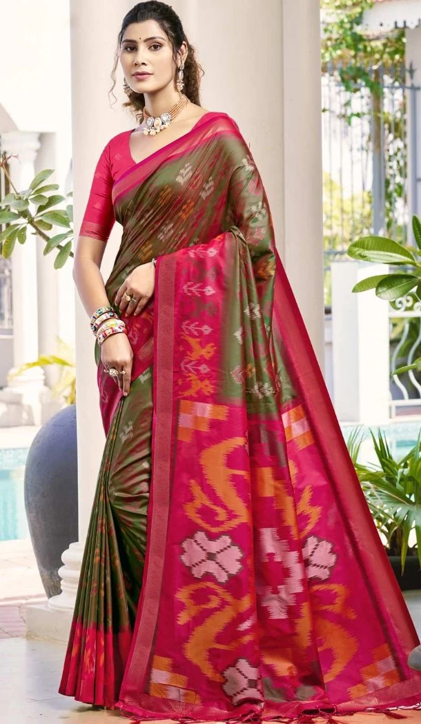 Women Olive Green Pochampalli Silk Jacquard Traditional Wear Saree - 13015210551