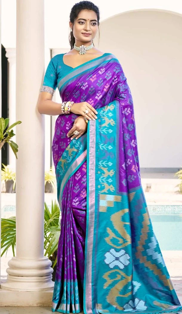 Women Traditional Wear Saree Violet Jacquard Pochampalli Silk - 13015210555