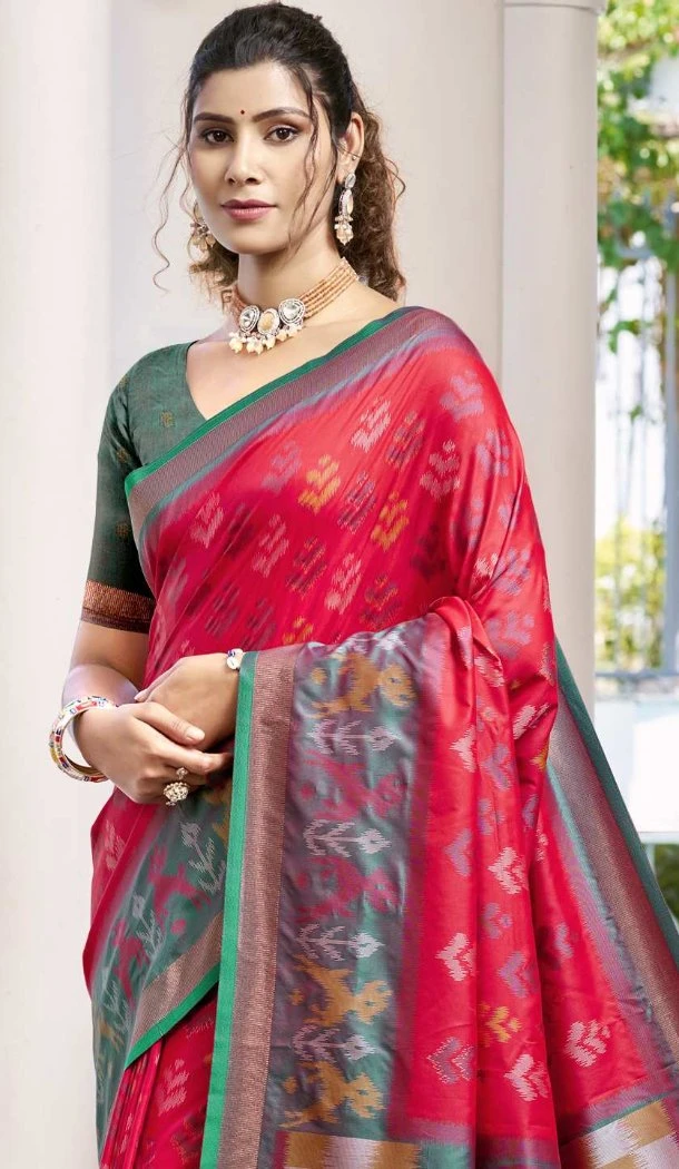 Women Traditional Wear Saree Jacquard Red Pochampalli Silk - 13015210556