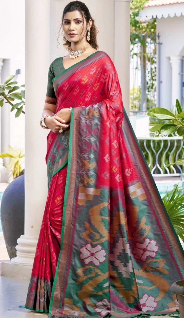 Women Traditional Wear Saree Jacquard Red Pochampalli Silk - 13015210556