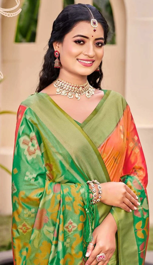 Women Orange Traditional Wear Saree Jacquard Pochampalli Silk - 13016210557