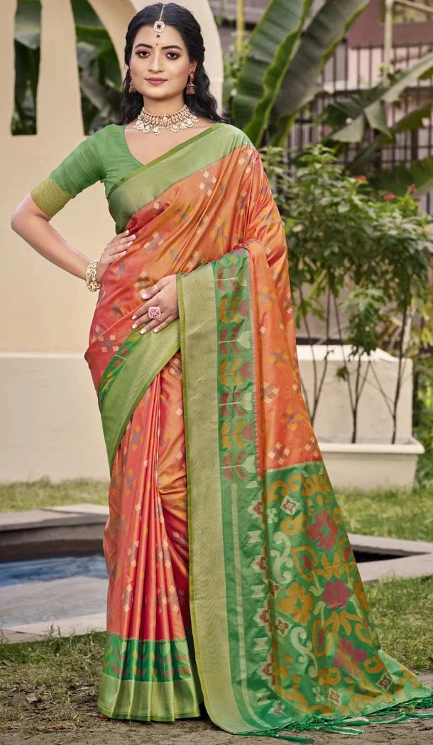 Women Orange Traditional Wear Saree Jacquard Pochampalli Silk - 13016210557