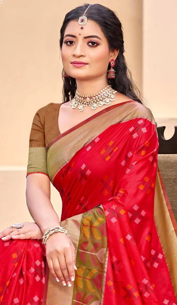 Women Pochampalli Silk Traditional Wear Saree Jacquard Red - 13016210560