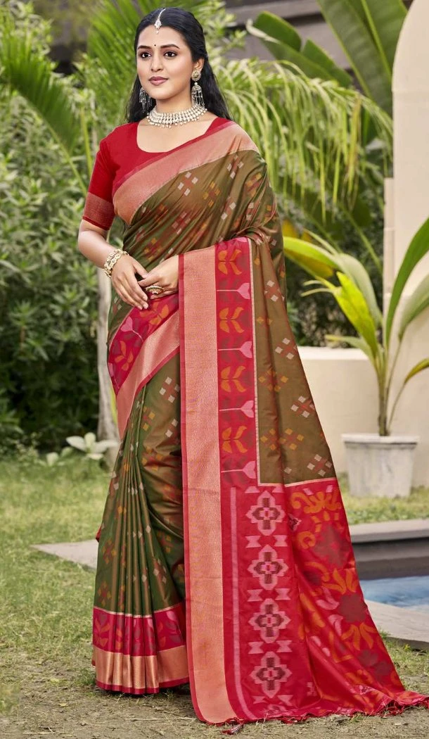 Women Traditional Wear Saree Jacquard Brown Pochampalli Silk - 13016210562