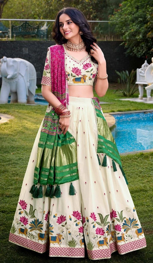 Women Sequins Embroidery Work Designer Lehenga Choli Off White Khadi Cotton - 13041210691