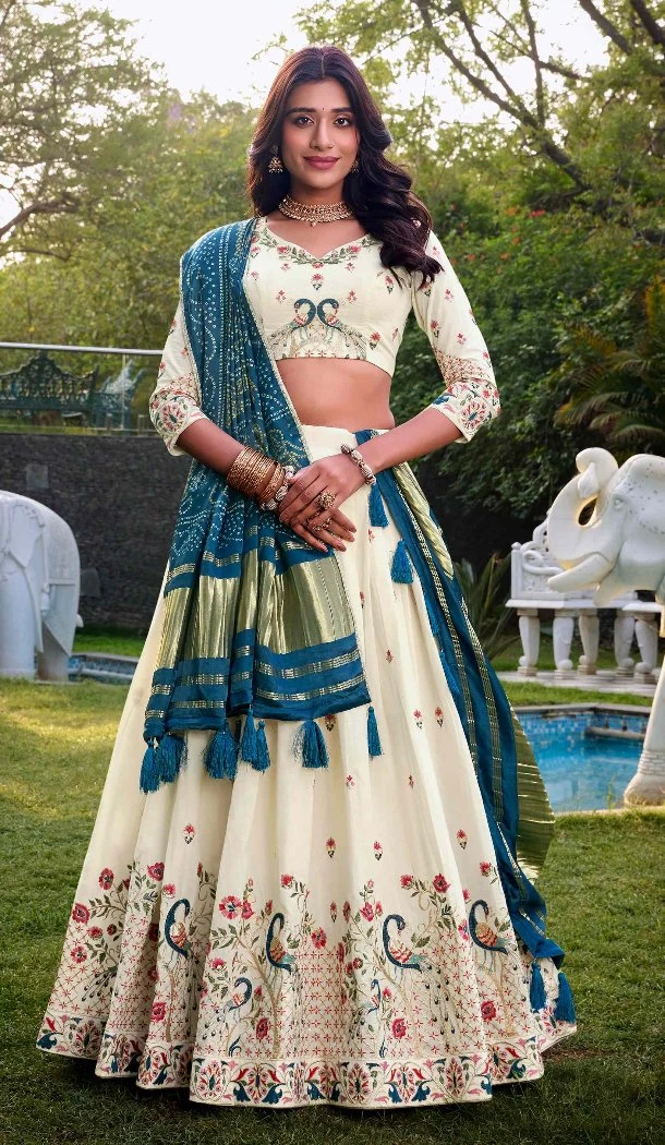 Women Designer Lehenga Choli Off White Khadi Cotton Sequins Embroidery Work - 13041210692