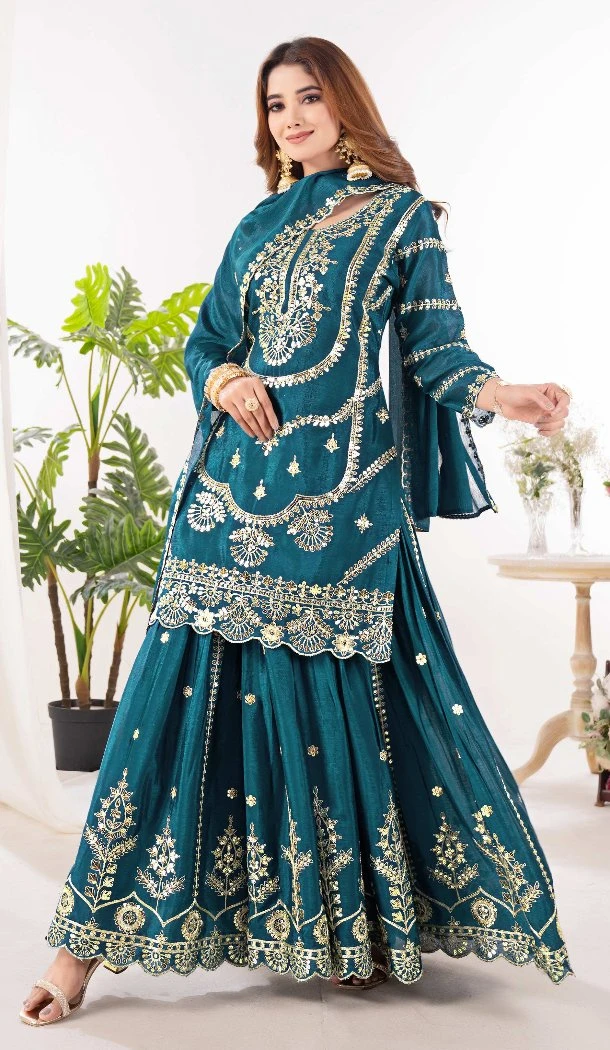 Women Palazzo Suit Embroidery Teal Blue Pure Heavy Chinnon Silk - 13048210716
