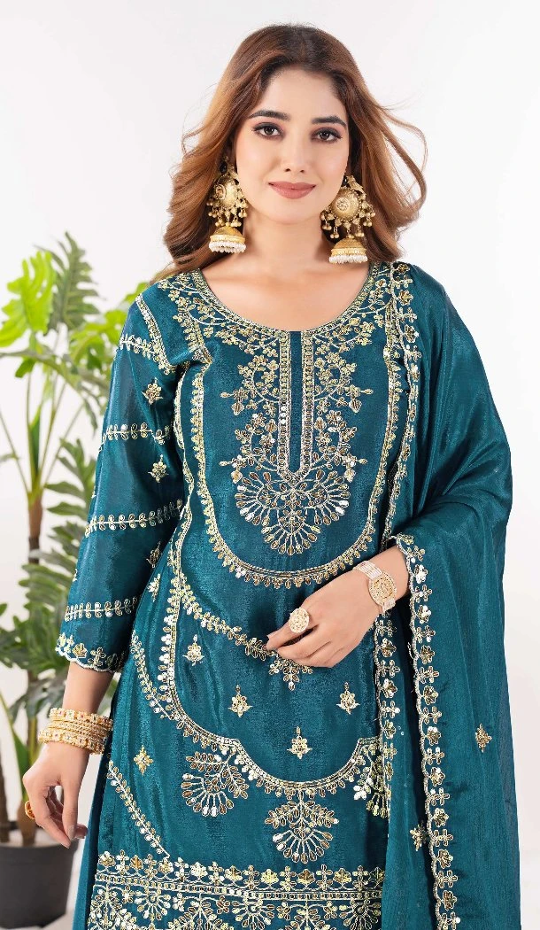 Women Palazzo Suit Embroidery Teal Blue Pure Heavy Chinnon Silk - 13048210716