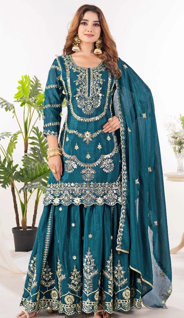 Women Palazzo Suit Embroidery Teal Blue Pure Heavy Chinnon Silk - 13048210716