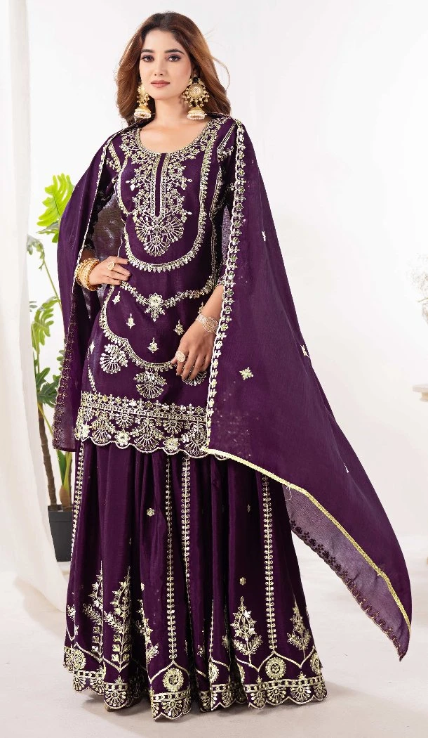 Women Embroidery Wine Pure Heavy Chinnon Silk Palazzo Suit - 13048210717