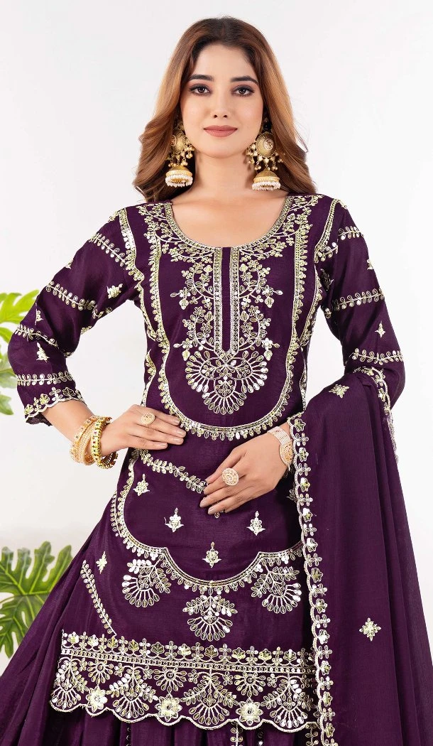 Women Embroidery Wine Pure Heavy Chinnon Silk Palazzo Suit - 13048210717