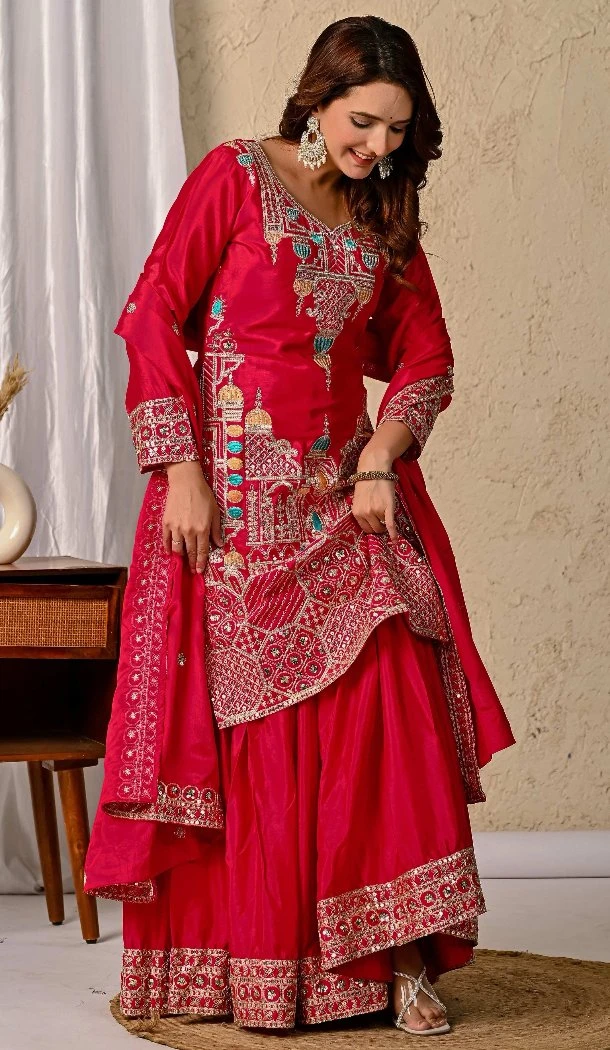 Women Heavy Chinnon Silk Pink Palazzo Suit Embroidery - 13049210721