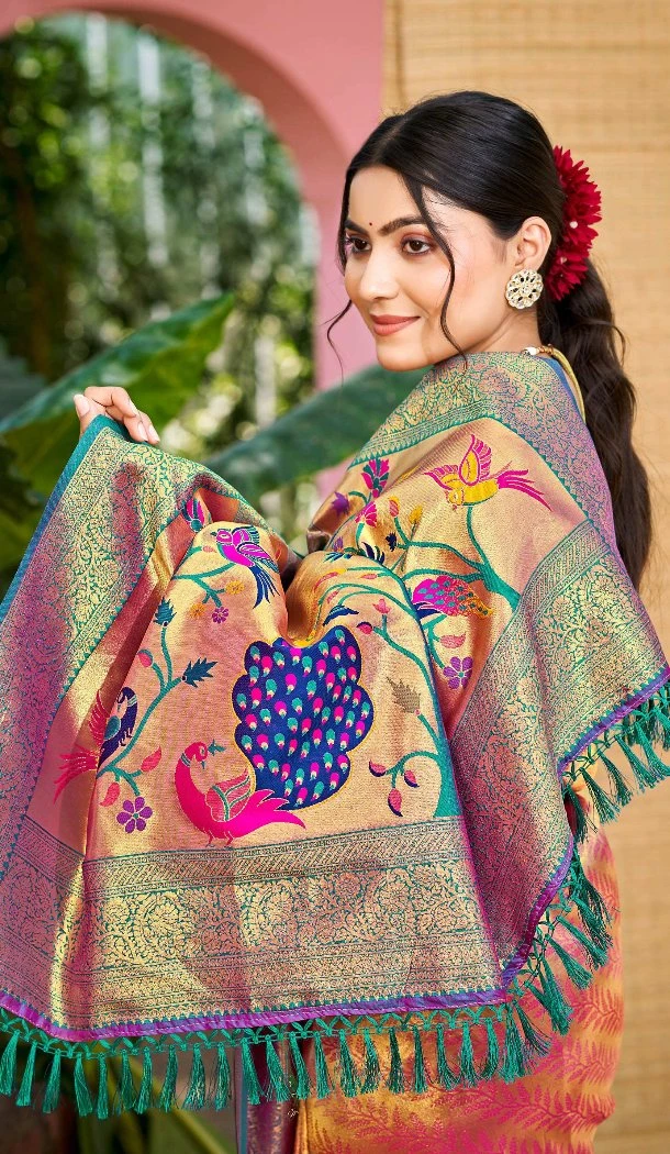 Women Party Wear Saree Pink Kanjivaram Silk Jacquard - 13085210892