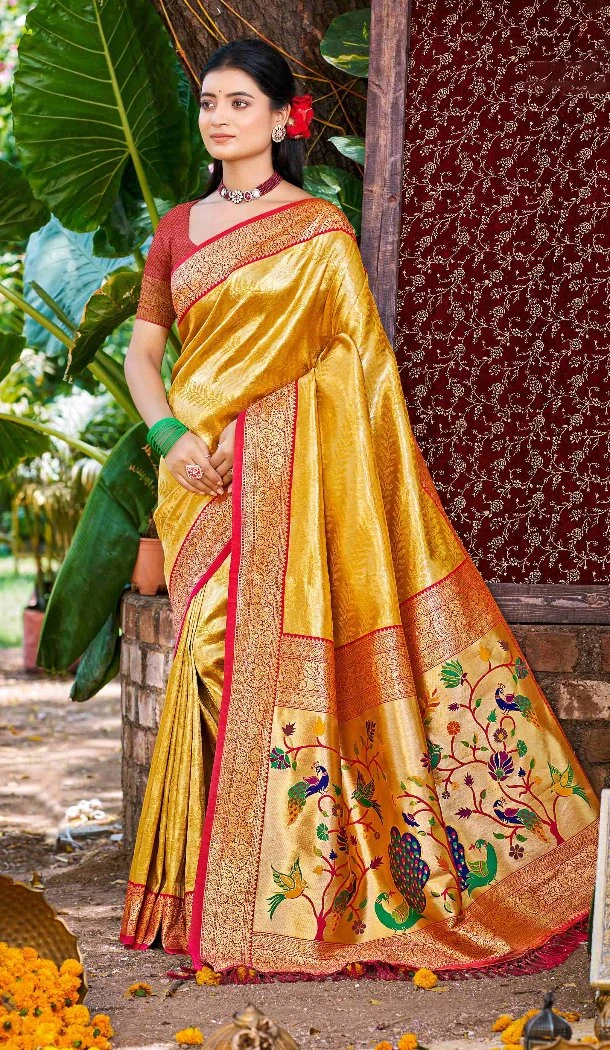 Women Party Wear Saree Mustard Jacquard Kanjivaram Silk - 13085210893