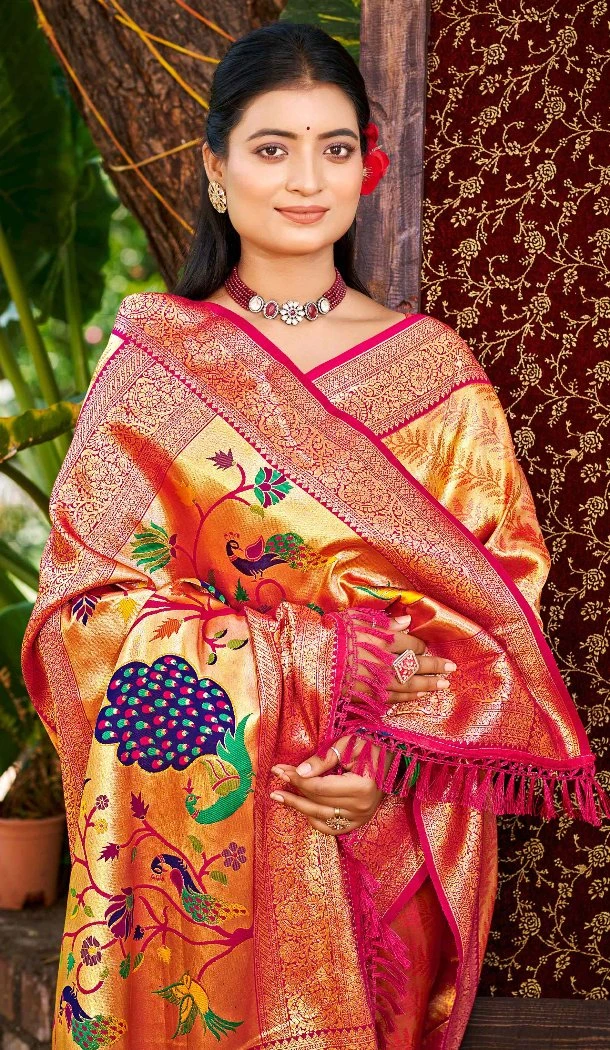Women Kanjivaram Silk Orange Party Wear Saree Jacquard - 13085210895