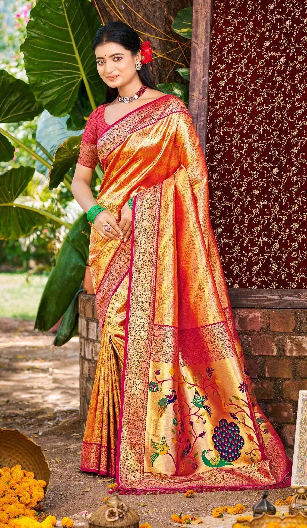 Women Kanjivaram Silk Orange Party Wear Saree Jacquard - 13085210895