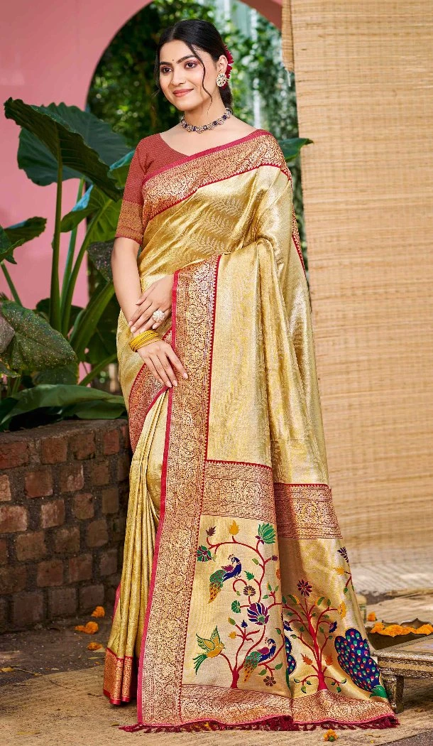 Women Jacquard Cream Party Wear Saree Kanjivaram Silk - 13085210896
