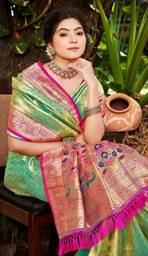 Women Kanjivaram Silk Multi Jacquard Party Wear Saree - 13086210899