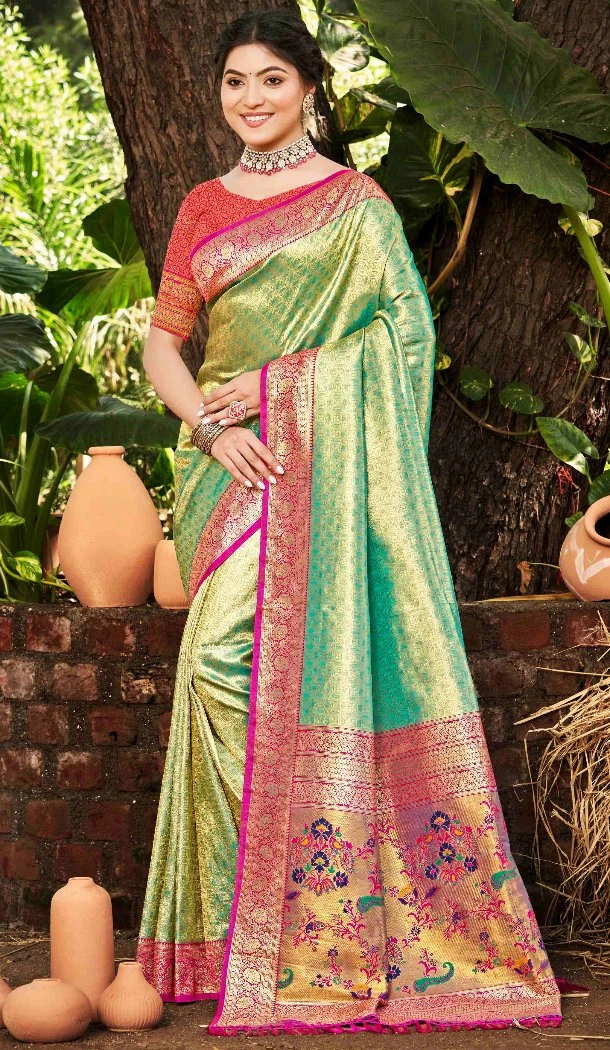 Women Kanjivaram Silk Multi Jacquard Party Wear Saree - 13086210899