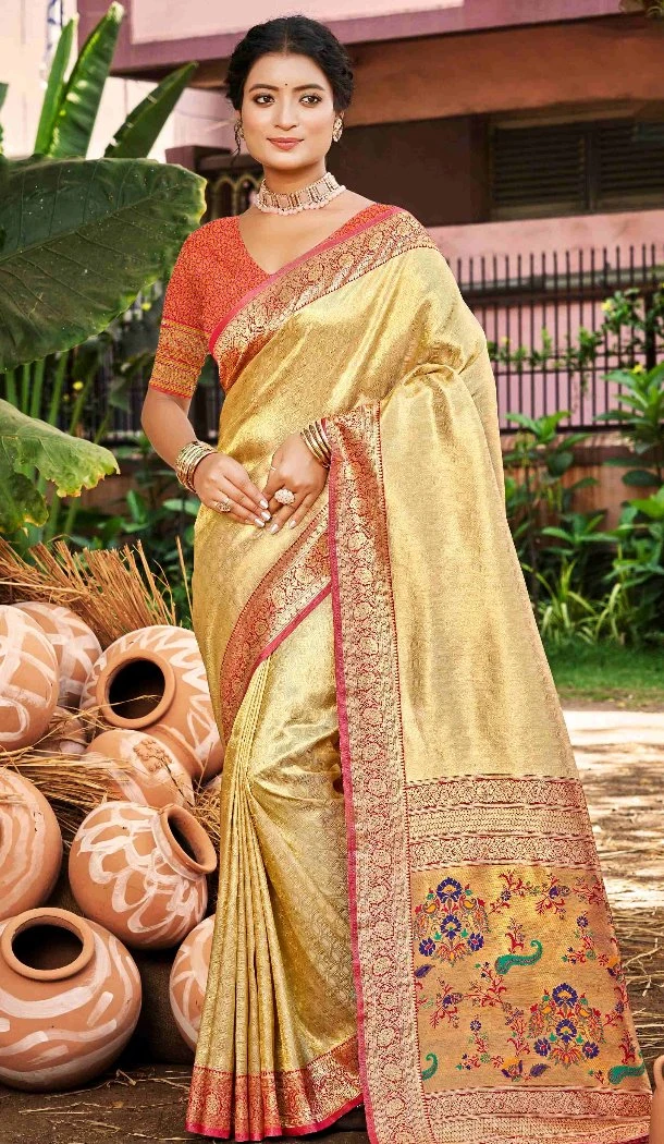 Women Party Wear Saree Cream Jacquard Kanjivaram Silk - 13086210900