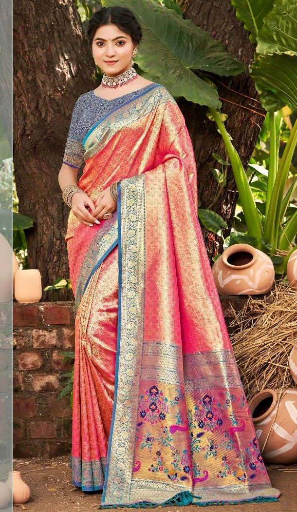 Women Jacquard Party Wear Saree Kanjivaram Silk Pink - 13086210902