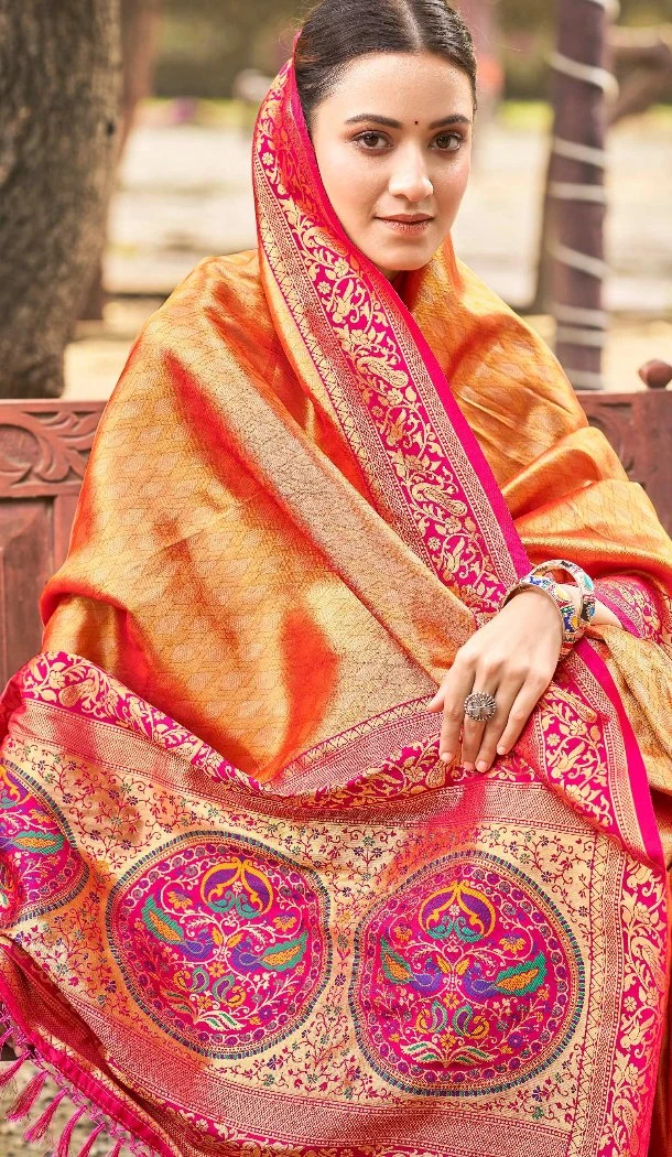 Women Jacquard Party Wear Saree Kanjivaram Silk Orange - 13089210916