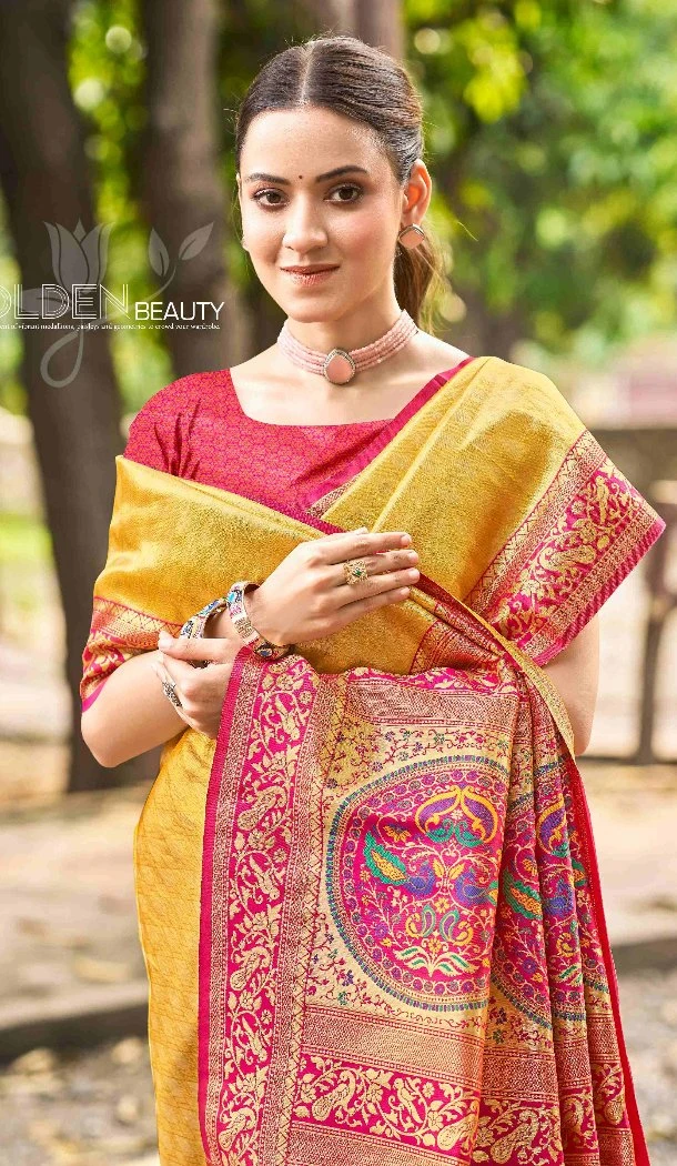Women Kanjivaram Silk Yellow Party Wear Saree Jacquard - 13089210918