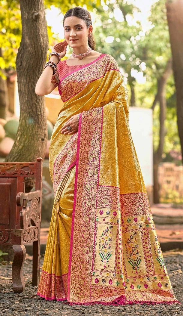 Women Party Wear Saree Jacquard Yellow Kanjivaram Silk - 13090210922