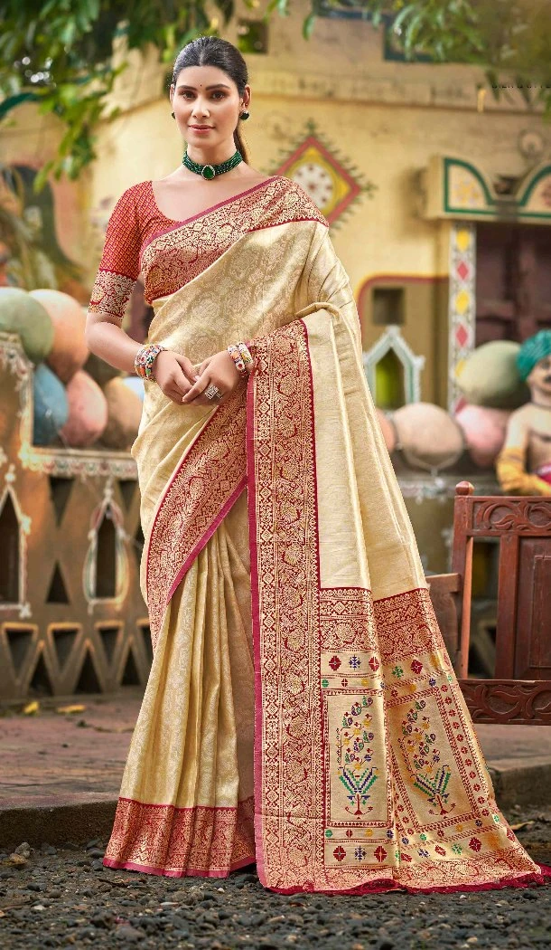 Women Party Wear Saree Kanjivaram Silk Cream Jacquard - 13090210925