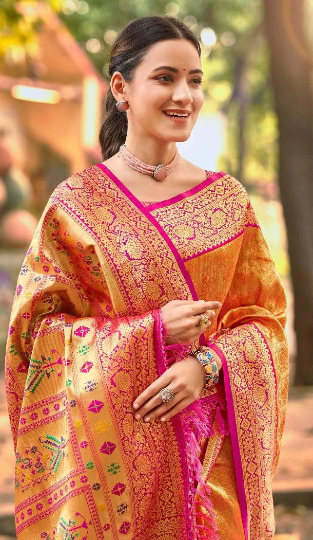 Women Kanjivaram Silk Jacquard Party Wear Saree Orange - 13090210927