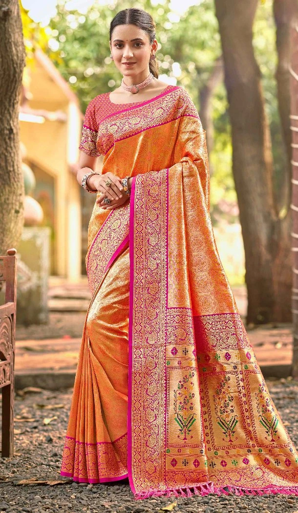 Women Kanjivaram Silk Jacquard Party Wear Saree Orange - 13090210927
