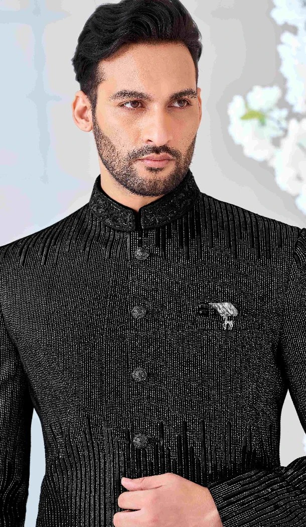 Women Art Embroidered Velvet Mens Wear Indo Western Black - 13092210935