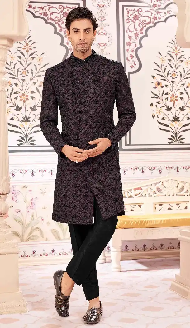 Women Art Embroidered Silk Wine & Black Mens Wear Indo Western - 13092210936