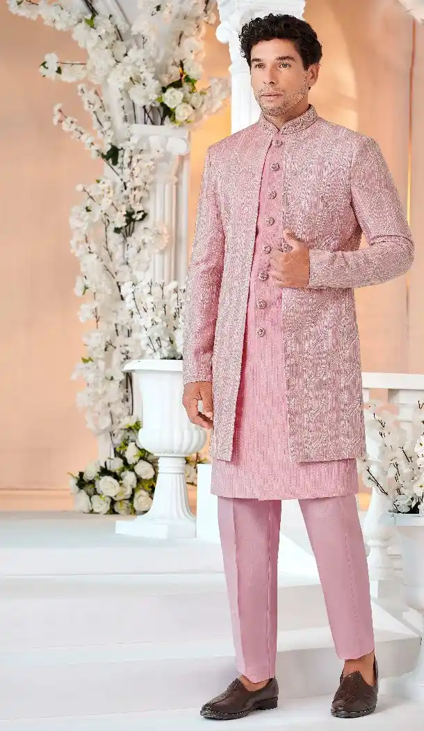 Women Pink Art Embroidered Silk Mens Wear Indo Western - 13092210937