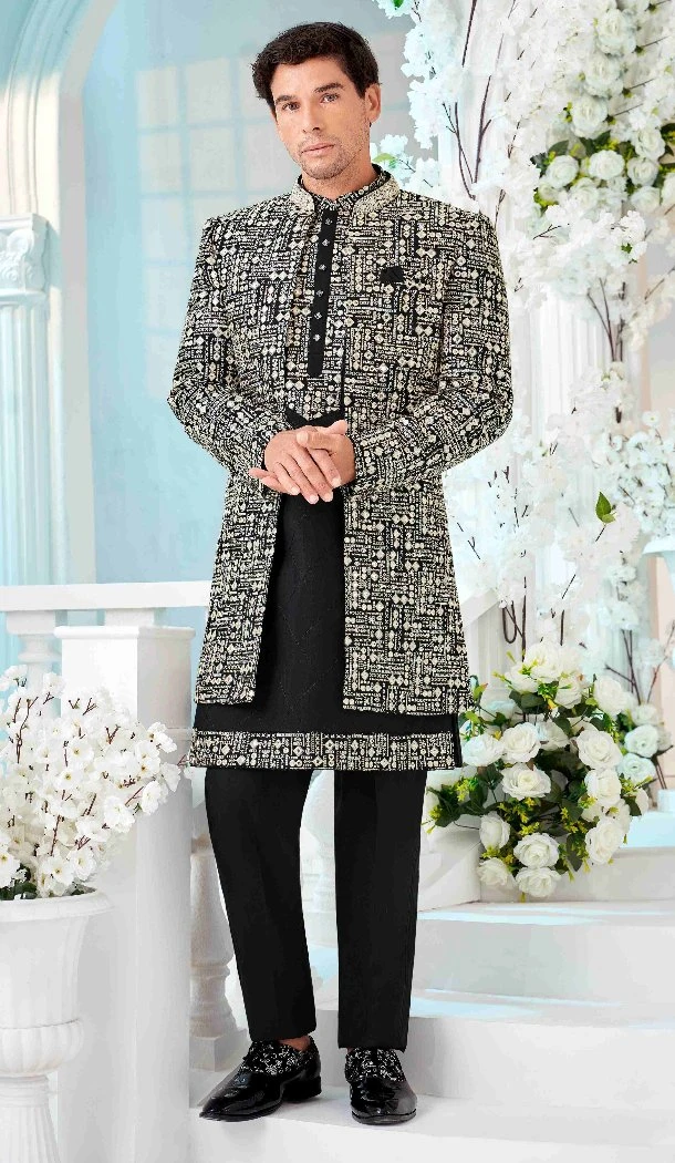 Women Art Embroidered Silk Mens Wear Indo Western Black & Cream - 13092210941