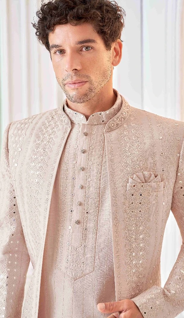 Women Light Onion Pink Mens Wear Indo Western Art Embroidered Silk - 13092210942