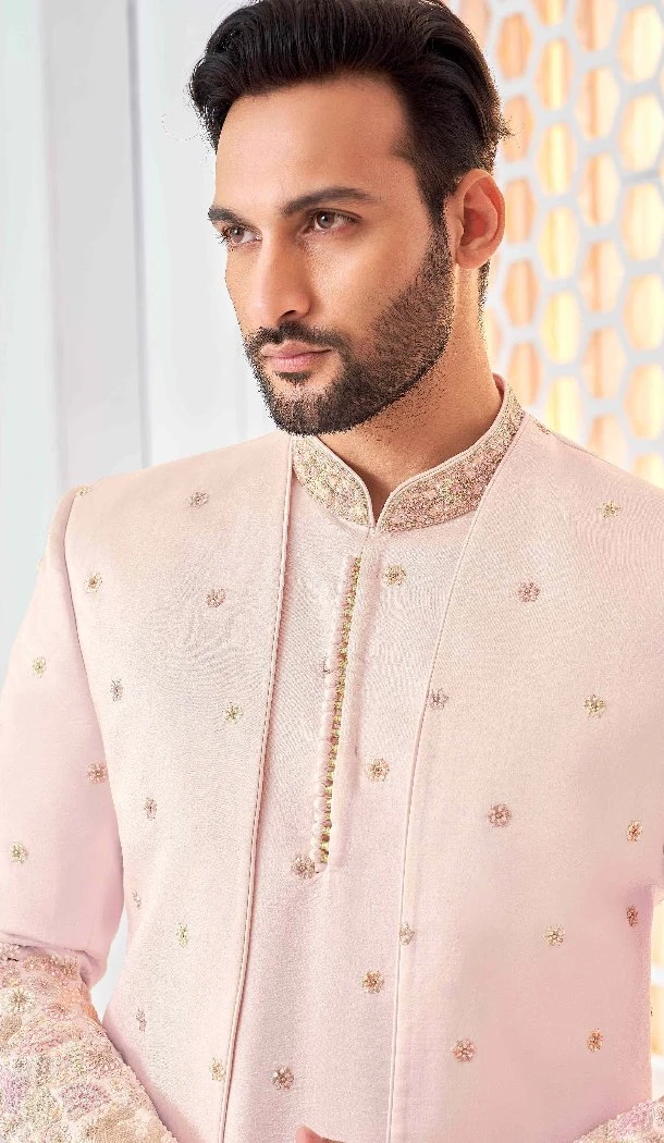 Women Art Embroidered Silk Mens Wear Indo Western Pink & Multi - 13092210947