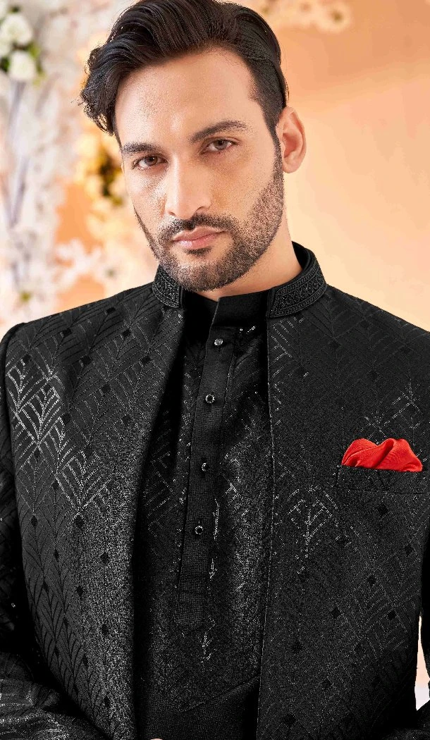 Women Art Embroidered Silk Mens Wear Indo Western Black - 13092210948