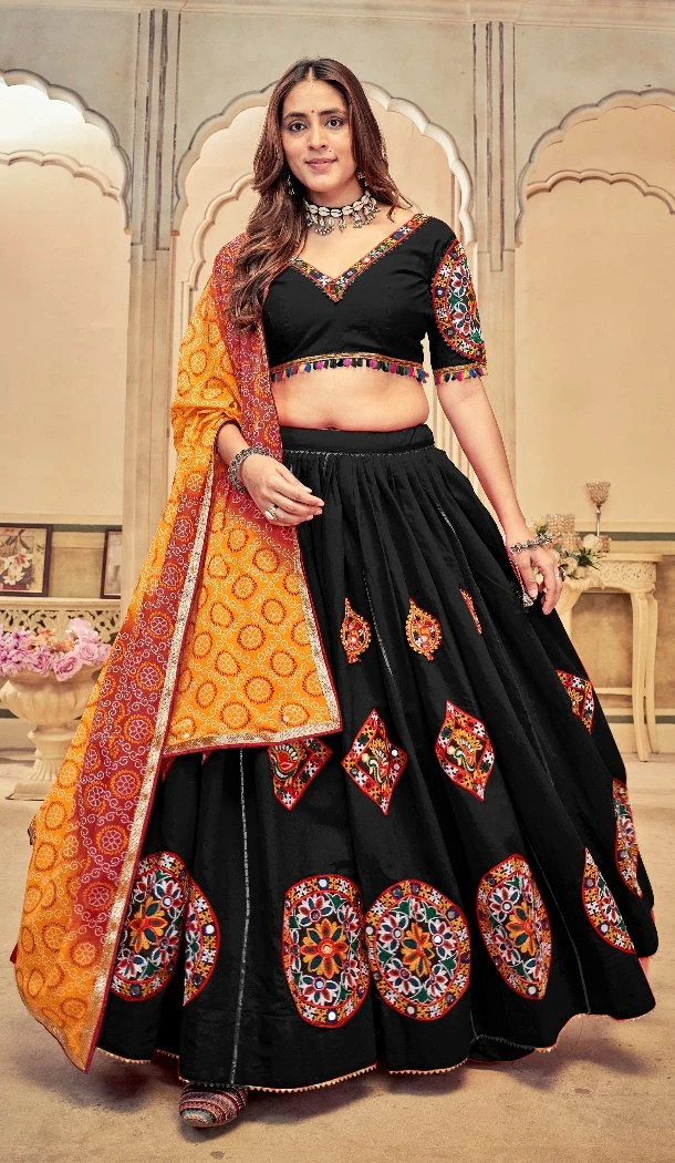 Women Cotton Silk Black Traditional Wear Lehenga Choli Embroidery Work - 13160211297
