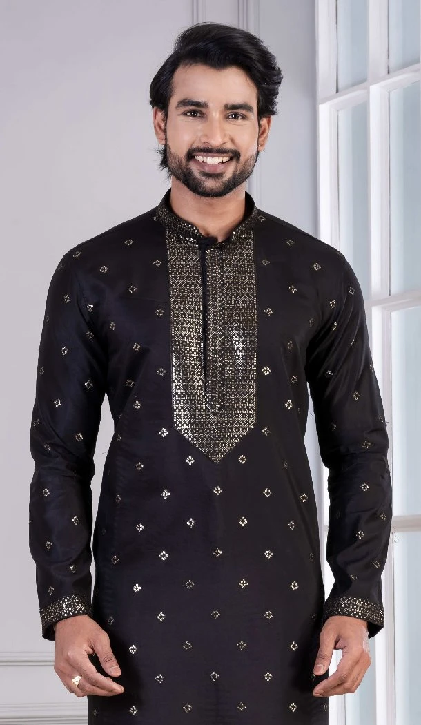 Men Black Glame Cotton Sequence Work Kurta Pajama - 13224211633