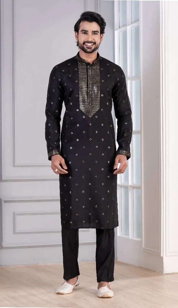 Men Black Glame Cotton Sequence Work Kurta Pajama - 13224211633